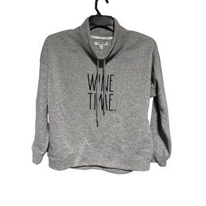 Rae Dunn Wine Time Gray Pullover Sweatshirt Womens Size S Cowl Neck Drawstring